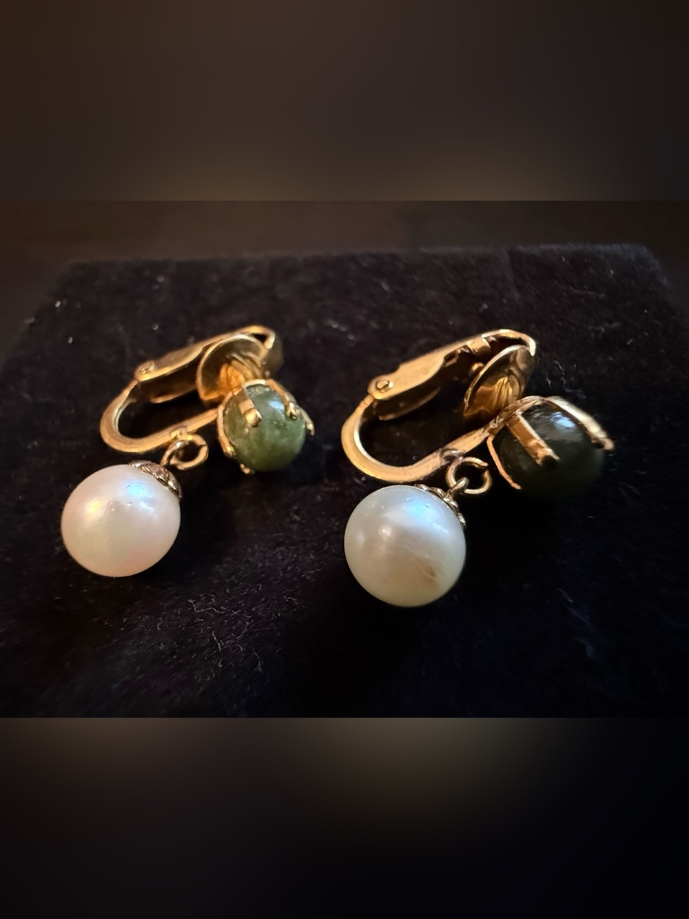 12k Gold Filled Over Sterling Silver Clip on Earrings with Pearl and Jade Stones